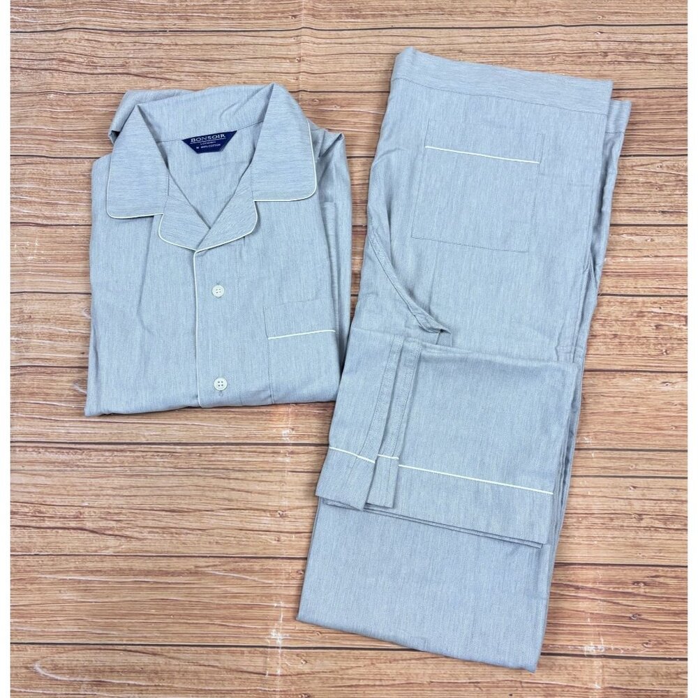 Mens Bonsoir London 100% Cotton Gray Pajama Set With White Piping